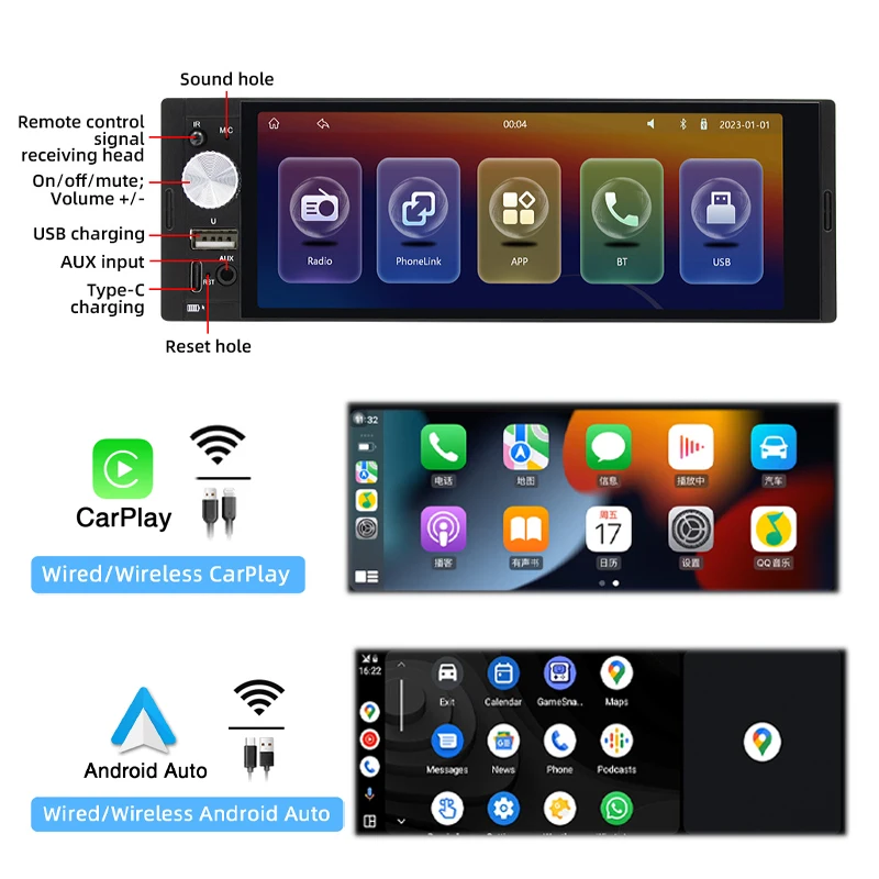 Автомобильный радиоприемник 1 Din беспроводной CarPlay Android-автомат Bluetooth