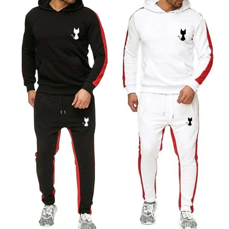 Striped Men's Sweatshirt Set Hoodies And Sports Pants Two Pieces Cute Kitten Print Spring Autumn Casual Style