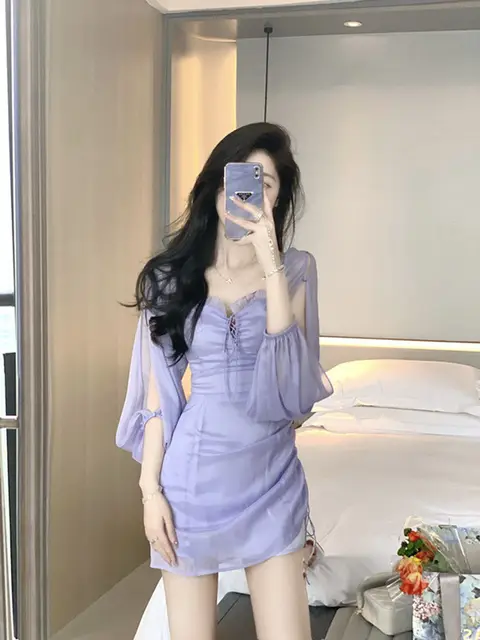 Purple Fairy One Shoulder Dress Women New Summer Dress Waist Design Chiffon Ruffled Gauze Skirt Bag Hip Skirt Women Clothing 6