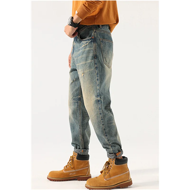 Men Clothing 2022 New Pattern Recreational Vintage Nostalgia Blue Jeans Straight Cylinder Loose Street Trousers Autumn Female