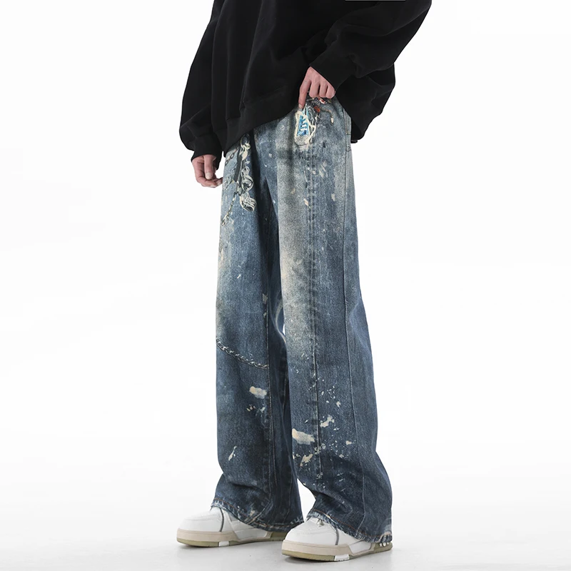 Джинсы мужские с цифровым принтом уличная одежда плотные свободные прямые