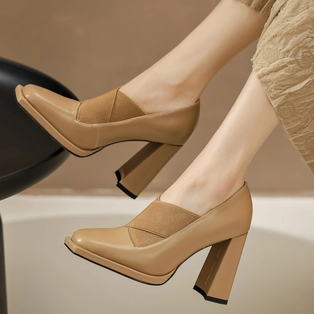 Cialisa Fashion Pumps For Lady 2023 Spring New Apricot Square Toe Genuine Leather Footwear Elegant Super High Heel Women's Shoes