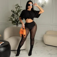 wishyear 2022 summer women sexy short sleeve ruched crop top and pants 2 piece sets see through skinny leggings club y2k clothes