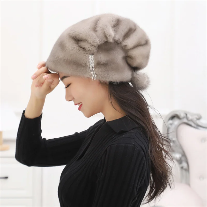 Women's Winter Leather Fur Hat Real Mink Fur Hat Women's Winter Leather Mink Hat Warm Soft Fluffy Natural Fur Hat