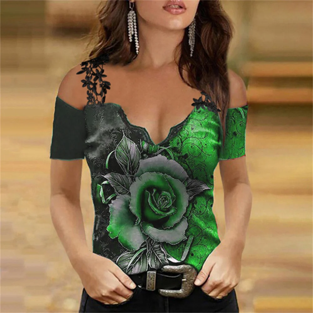 Женские пикантные рубашки с V-образным вырезом и открытыми плечами топы принтом