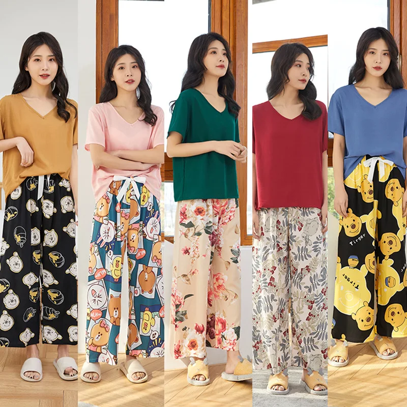 

Summer Cotton Sleepwear Women's Wide-leg Pants Thin Trousers Rayon Japanese Printed Mosquito-proof Pants Can Be Worn Pants