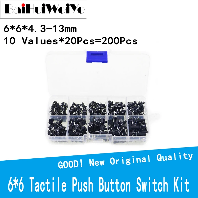 

200Pcs 10 Models 6*6 Tact Switch Tactile Push Button Switch Kit Height: 4.3 To 13MM DIP 4P Micro Switch 6x6 Key Switch 10 Values