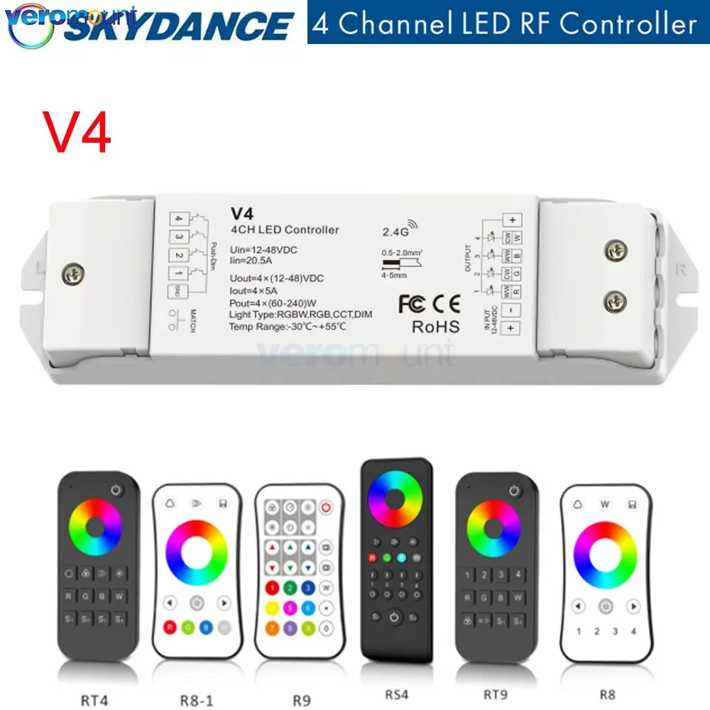 Фото Skydance V4 12-36 В постоянного тока 24 В RGBW/RGB/CCT/с затемнением 4-канальный светодиодный радиочастотный контроллер приемник 4 канала 5A/CH Push Dim/многоразовая защита CV №1