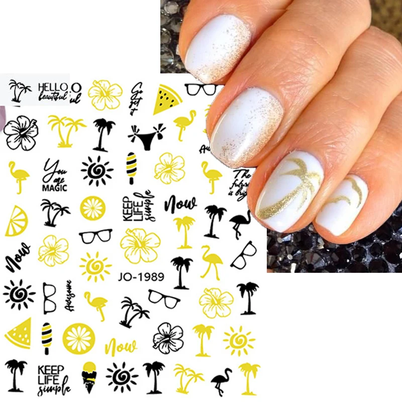 

Летняя наклейка, 3D наклейка для ногтей, кокосовое дерево, лист, фрукты, Русалка, клейкие наклейки, маникюр, слайдер, наконечники