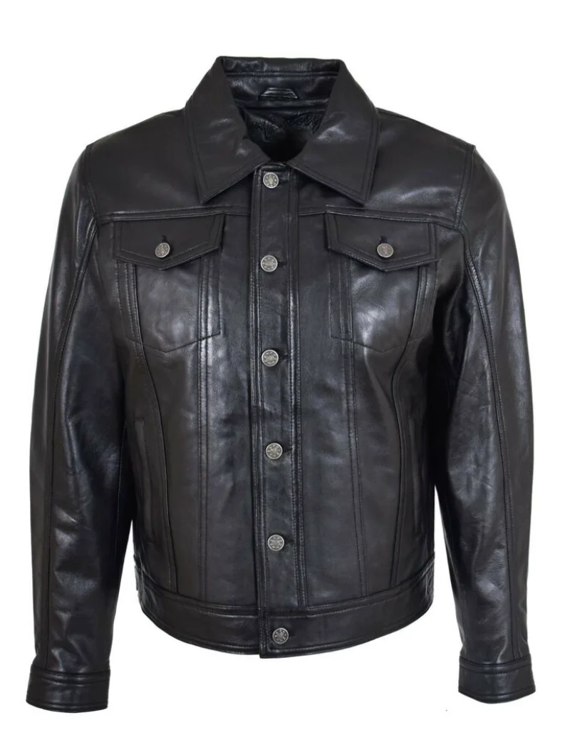 

Men's Soft Leather Trucker Jacket American Western Denim Levi Style Black Coat