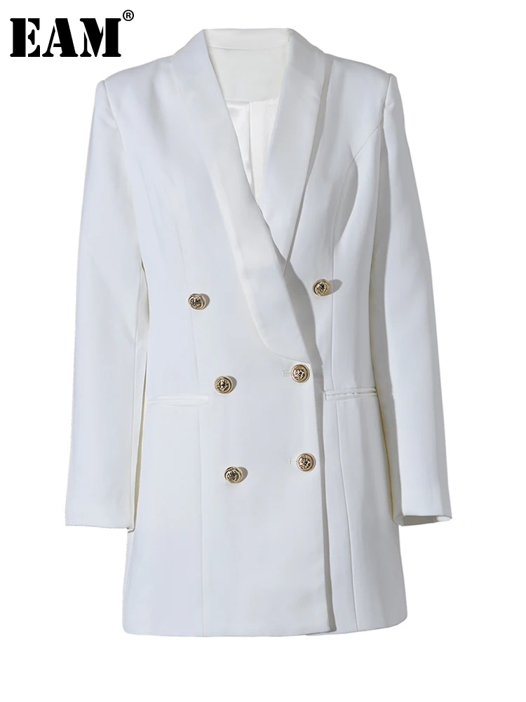 

[EAM] Women Double Breasted White Blazer Dress New Lapel Long Sleeve Loose Fit Fashion Tide Spring Autumn 2023 1DE21815200