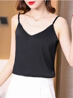 beading summer korean fashion silk women camis streetwear satin sexy tops lace sleeveless white female tank tops white shirt