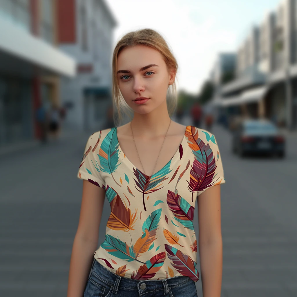 

Ladies Summer V Neck T-Shirt Colorful Feather 3D Printing T-Shirt Hawaii Seaside Party T-Shirt Fashion Casual V Neck T-Shirt