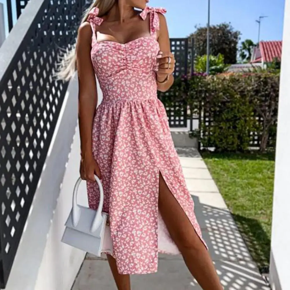 

Summer Square Neck Floral Print Dress Sexy Backless Party Dresses for women 2022 Elegant Tie-Up Bow Straps Slit Dress Vestidos
