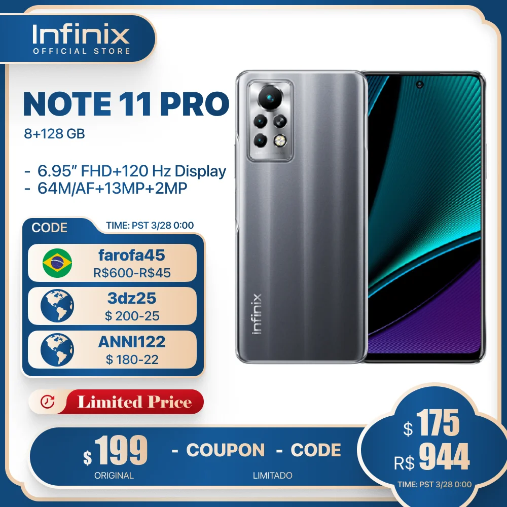 

Смартфон Infinix NOTE 11 PRO, 8 + 128 ГБ, 6,95 '', Helio G96, 120 Гц, 64 мп, 5000 дюйма