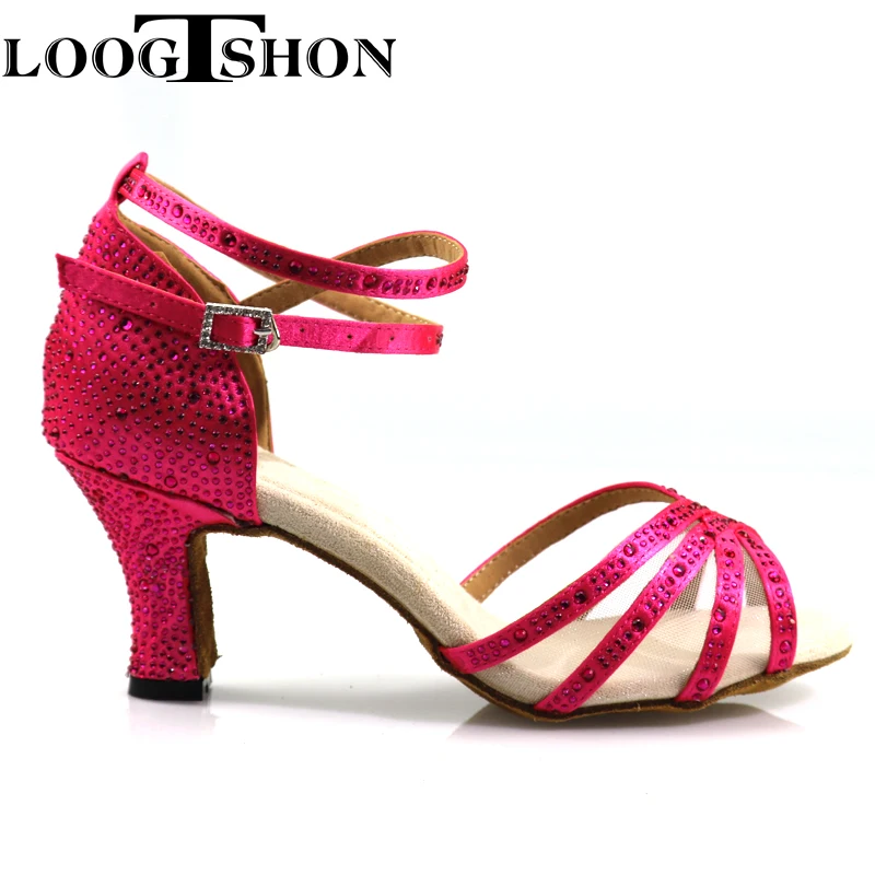 Loogtshon  Dance shoes 5 strips cross pattern red satin and red crystal rhinestones heel 7.5cm Suitable for all types of dance