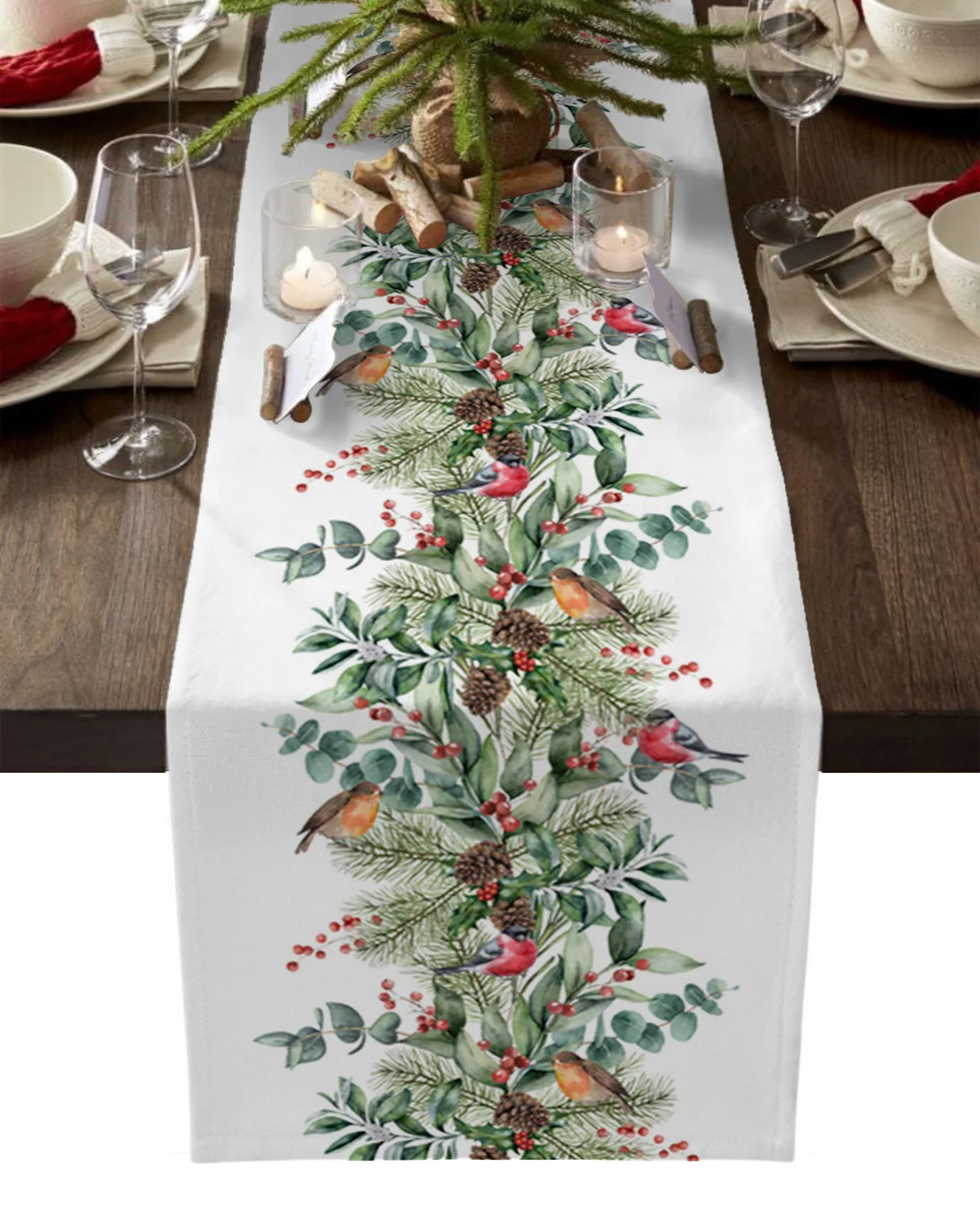 

Eucalyptus Berries Robin Table Runner Modern Kitchen Dining Decoration Table Runner Wedding Holiday Decor Table Cloth
