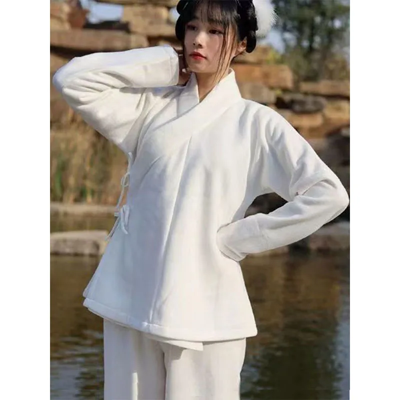 Фото Бархатные женские и мужские топы и брюки Hanfu для пар, одинаковые костюмы унисекс для взрослых, белая утолщенная внутренняя одежда, утепленная теплая одежда для сна №1