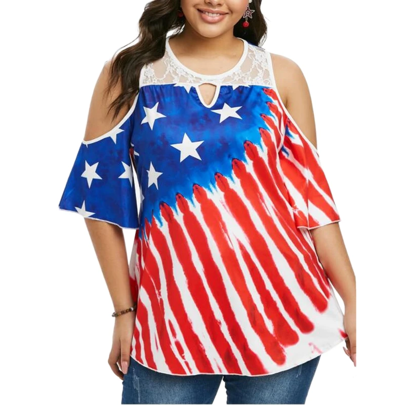 

Casual Plus Size July 4Th Outfit Summer Oversized Tshirt Fashion Womens Cold Shoulder 70S Clothes Loose T Shirt Long For Women