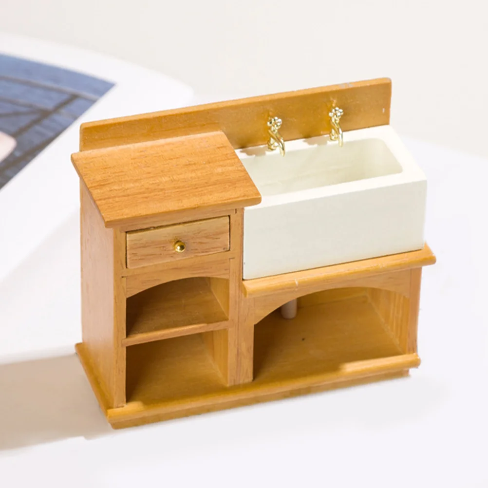 

House Sink Mini Washing Basin Miniature Furniture Ornament Wooden Bathroom Cabinet Model Decor Bathtub
