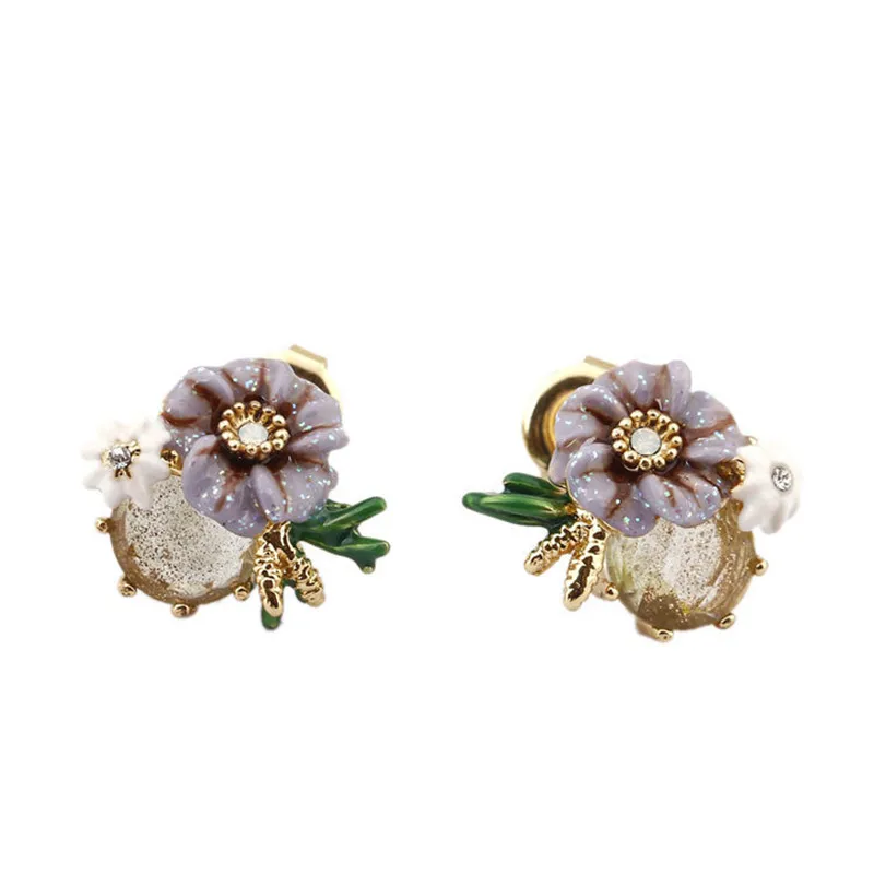 

European and American fashion personality simple purple flower zircon Stud earrings female earrings 925 silver needle jewelry