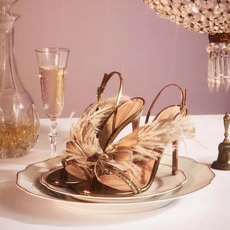 Feather Banquet High Heels Stiletto All-match Genuine Leather Rhinestone Sandals Sexy Open Toe Buckle Fashion Shoes For Women's