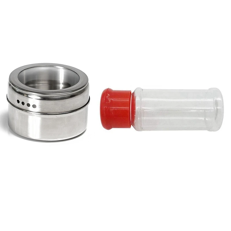 

10Pcs/Set Clear Lid Magnetic Stainless Steel Spice Jar & 50X Empty Plastic Spice Bottles 100Ml / 3.3Oz, Red