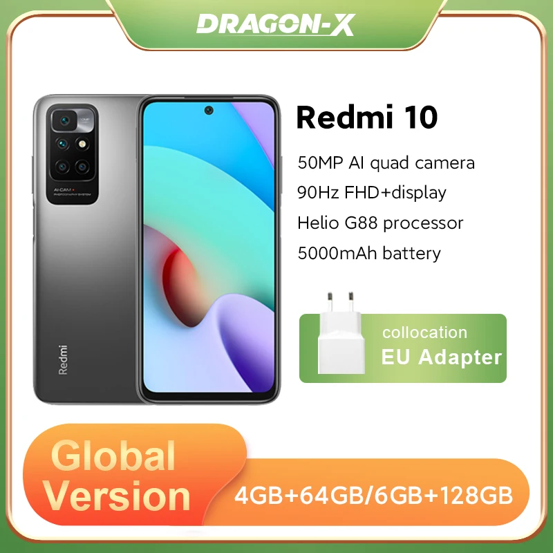 Глобальная версия Xiaomi Redmi 10 4 Гб 64 новый смартфон MediaTek Helio G88 Octa Core90Hz FHD дисплей 50MP AI