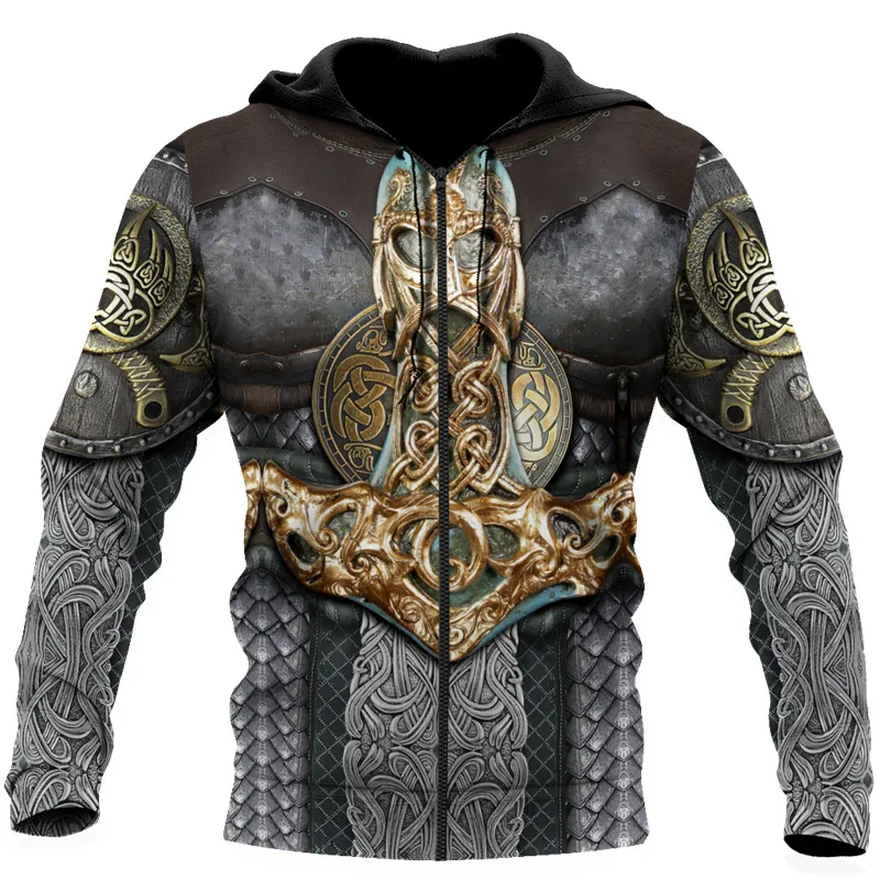 

Men's Autumn Unisex Fashion Harajuku Casual Street Sweater Hoodie Viking Knight Chain Armor 3D Printing Zip Hoodie