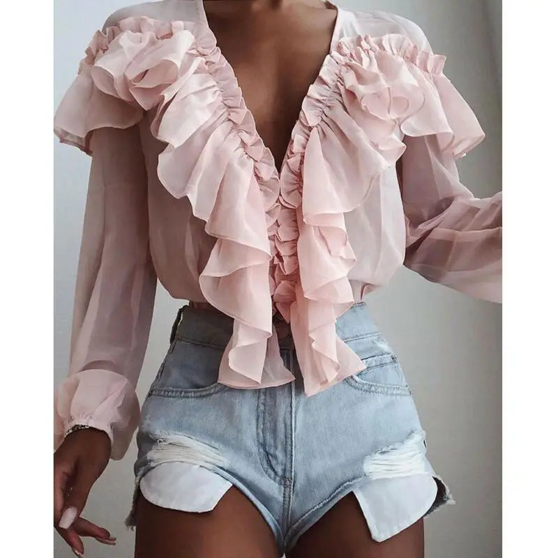 

Chiffon Solid Color V-Neck Women Bliuse Ruffle Trim Shirt Ladies Casual Long Sleeve Tops Loose Female Blusas
