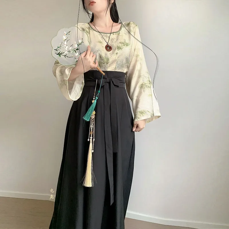 Женский древний китайский костюм с круглым вырезом и длинными рукавами топ