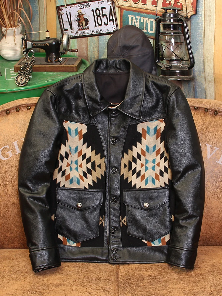 

Американская винтажная куртка из натуральной воловьей кожи с соединением Navajo, короткое мужское джинсовое кожаное пальто, пальто на весну и осень