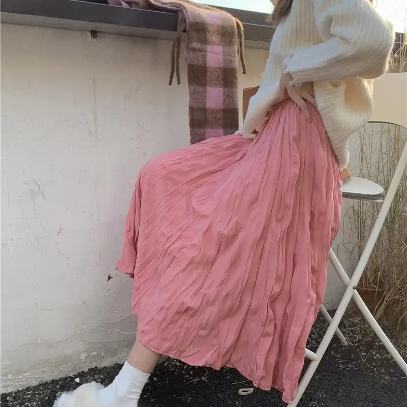 

Skirt Womens High Waist Slim Pleated Skirt 2023 New Fashion Casual Goth Preppy Mid Length Pink Kawaii Pleated A Line Long Skirt