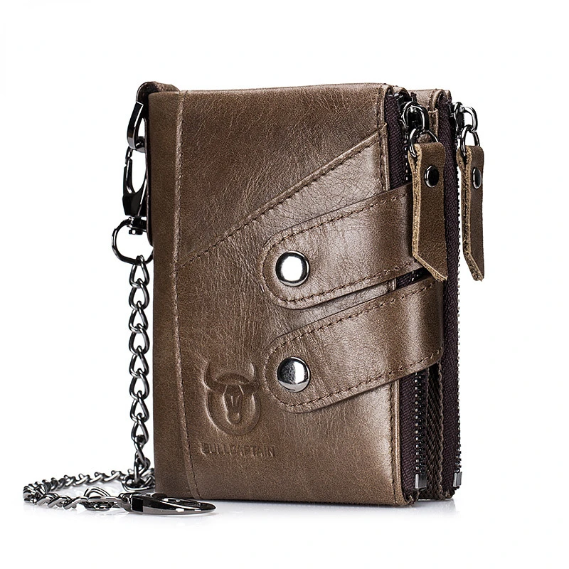 

Men's Wallet 3 Fold Short Genuine Cow Leather Coin Purse Gift RFID Blocking Hasp Wallet with Long Chain