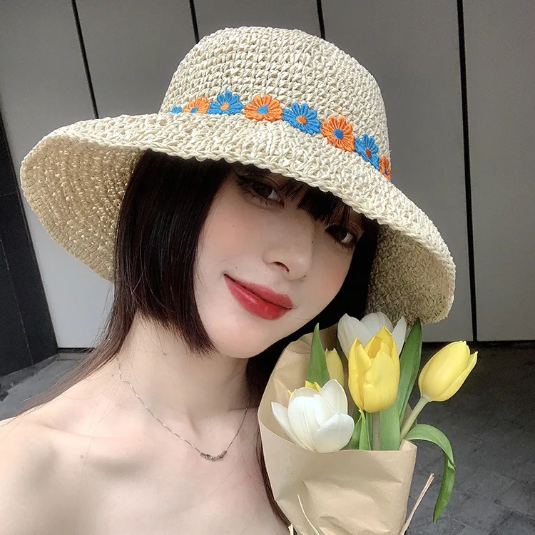 

Straw Hat Female Summer Beach Hat Flower Foldable Sun Protection Big Brim Seaside Vacation Sun Hat Woven Sun Hat