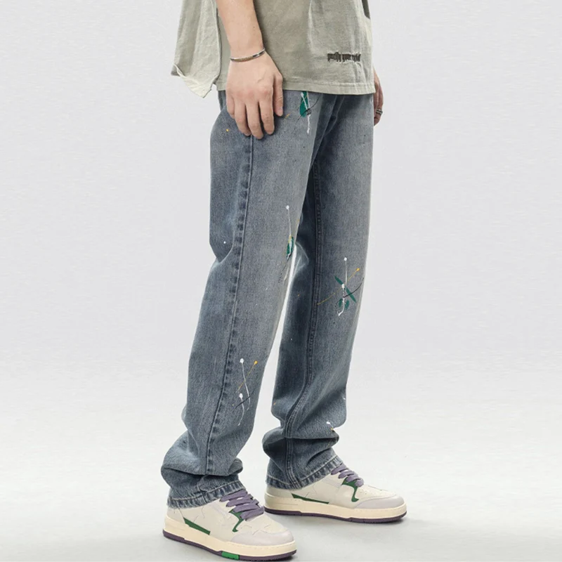 American Street Fashion Men Jeans Retro Blue Painted Designer Ripped Jeans Men Straight Trousers Casual Loose Denim Pants Hombre