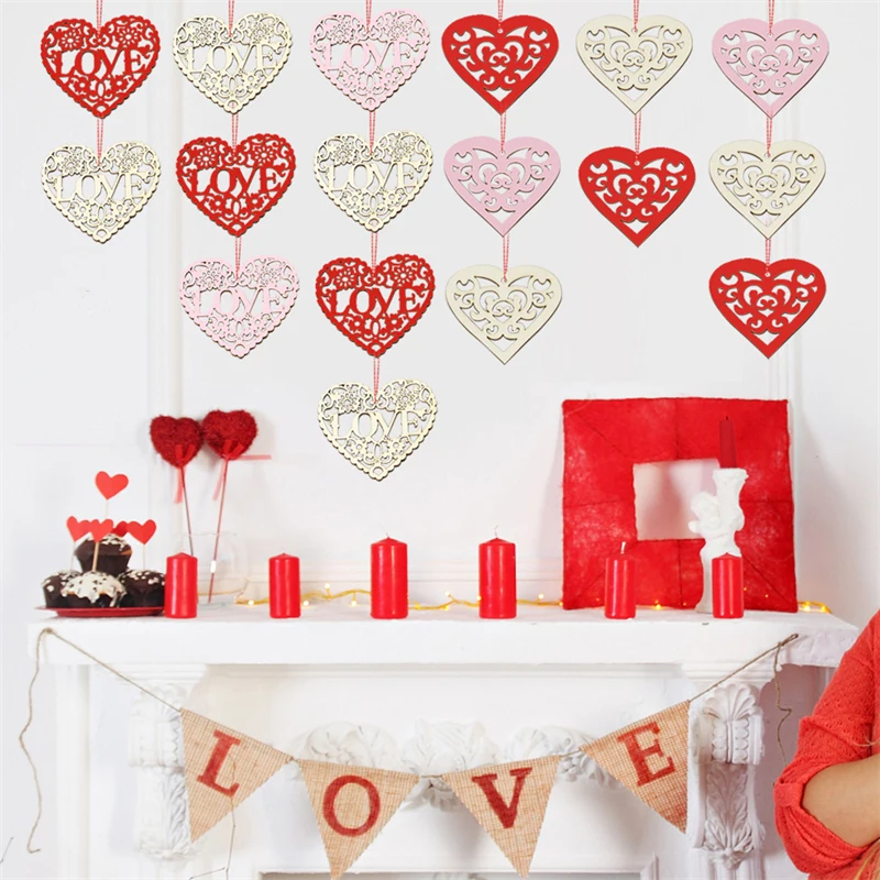 

10Pcs Wood Slices Heart Hollow Love Discs Natural Crafts DIY Valentines Day Wedding Party Ornament Home Room Embellishment Decor