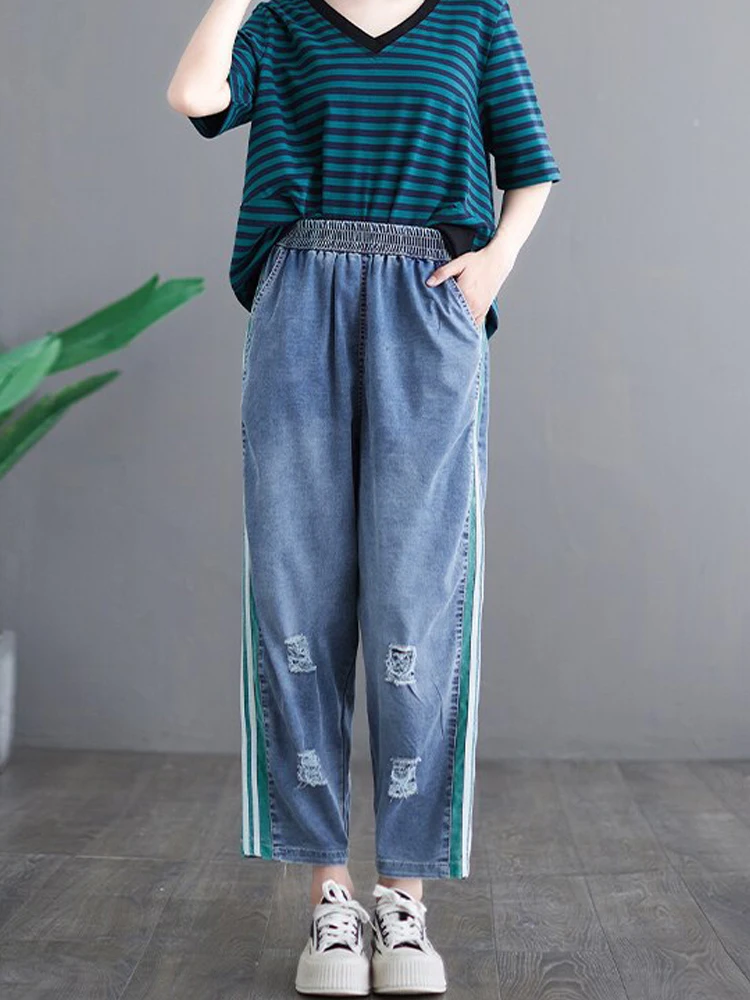 

Elastic Waist Summer Women Loose Ankle-length Jeans All-matched Casual Cotton Denim Harem Pants Side Stripe Hole Vintage Jeans