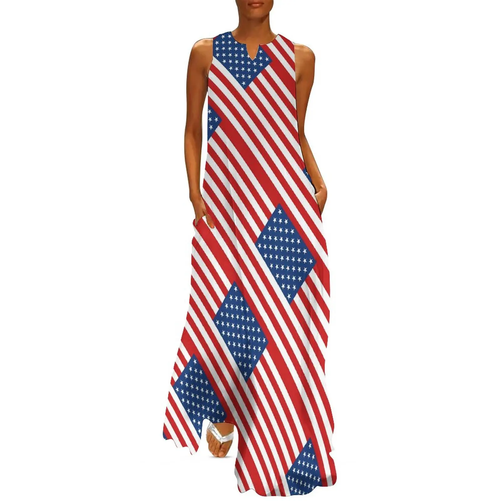 

USA Flag Dress Summer Stripes Print Street Style Boho Beach Long Dresses Womens Pattern Party Maxi Dress Big Size 4XL