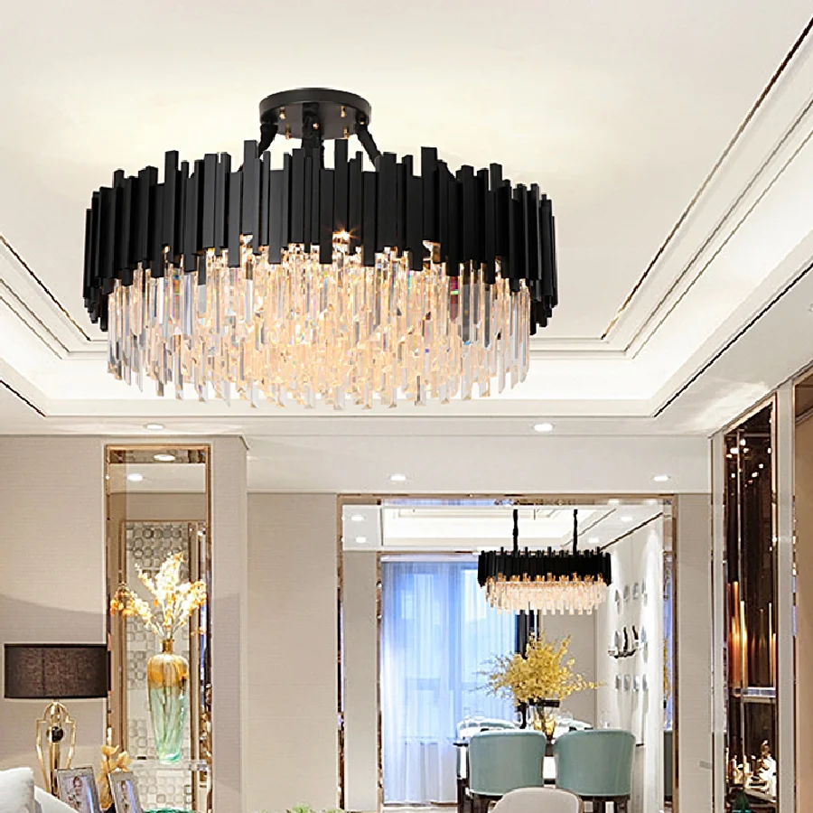 

Modern Black Crystal Pendant Lamp Interior Decorative Stainless Steel Hanging Lamp Luxury Living Room Restaurant Chandelier New