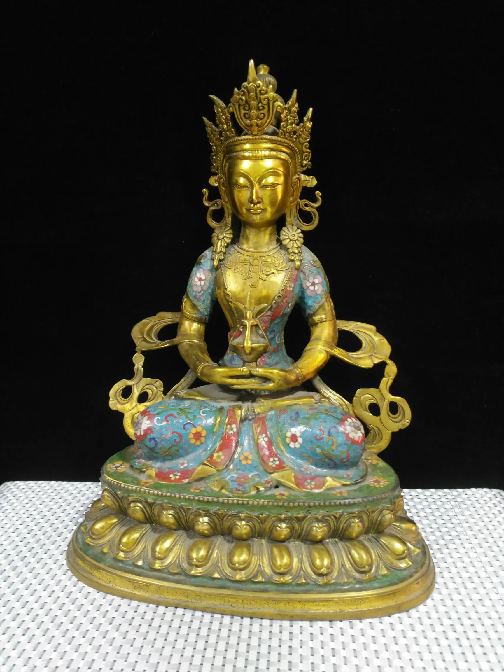 

19" Tibetan Temple Collection Old Bronze Cloisonne Enamel Longevity Buddha Infinite Life Wisdom Tathagata Sitting Buddha