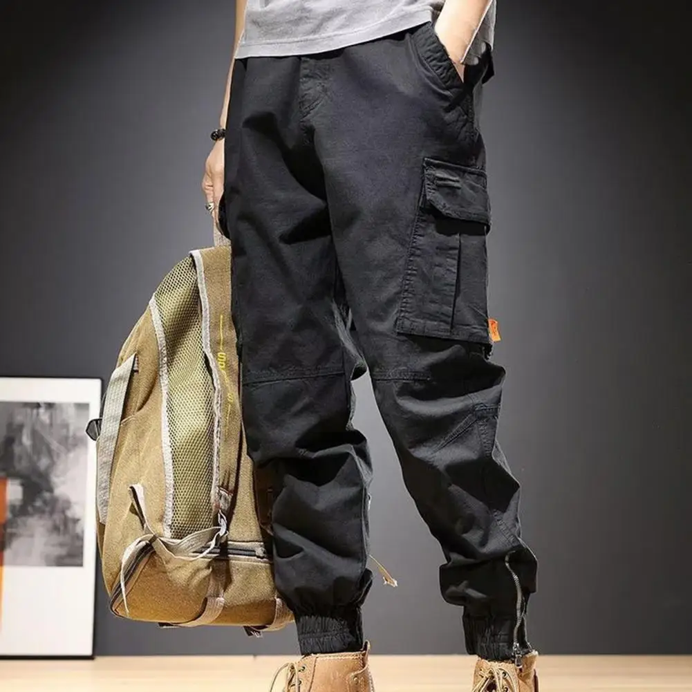 

Chic Men Trousers Japanese Style Men Cargo Pants Solid Color Washable Mid Rise Pants Daily Wear