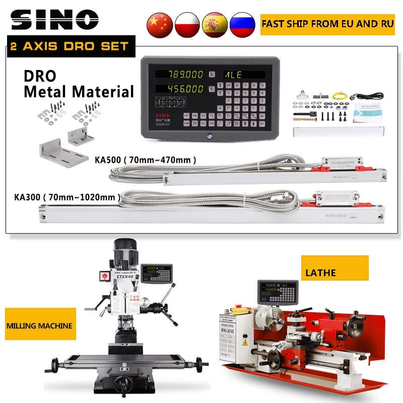 

SINO 2 Axis DRO Set Digital Readout Kits for Linear Scale Encoder Grating Ruler 70-1020mm Lathes Milling Drilling SDS6-2V