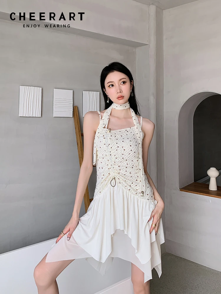 

Летнее женское платье CHEERART с открытой спиной и лямкой на шее, дизайнерское бежевое мини-платье в стиле пэчворк, корейская мода, 2023