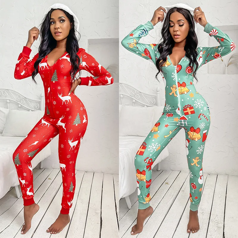

2023 autumn/winter bestselling casual women's hooded Christmas printed home clothes V-neck jumpsuit women loose animal pants
