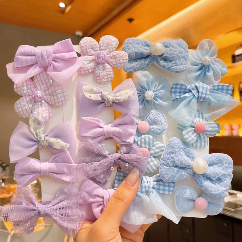 

[10-Piece Set] Bow Cloth Flower Hair Clips Children Princess Baby Sweet Bangs Broken Hairpin Mesh Lace Girls Side Barrettes