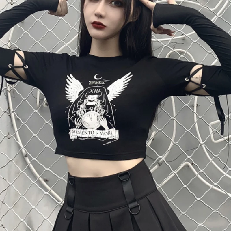 

2021 Witch Print Black Retro Punk Tops Women Gothic Harajuku Spring New Patchwork Long Sleeve Slim T-shirts Fashion Female Top