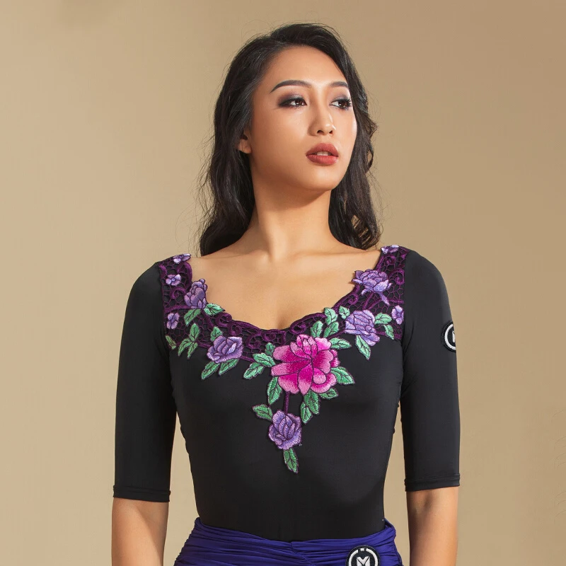 

New Latin Dance Tops For Women Mid-Sleeved Practice Clothes Chacha Rumba Tango Dress Ballroom Dance Performance Clothes DN13248