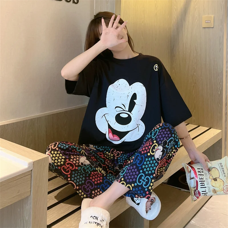 Disney Mickey Mouse 2 Pieces Set Pjamas for Women Summer New Short Sleeve Shirt and Graphics Pant Ladies Soft Night Wear Suit