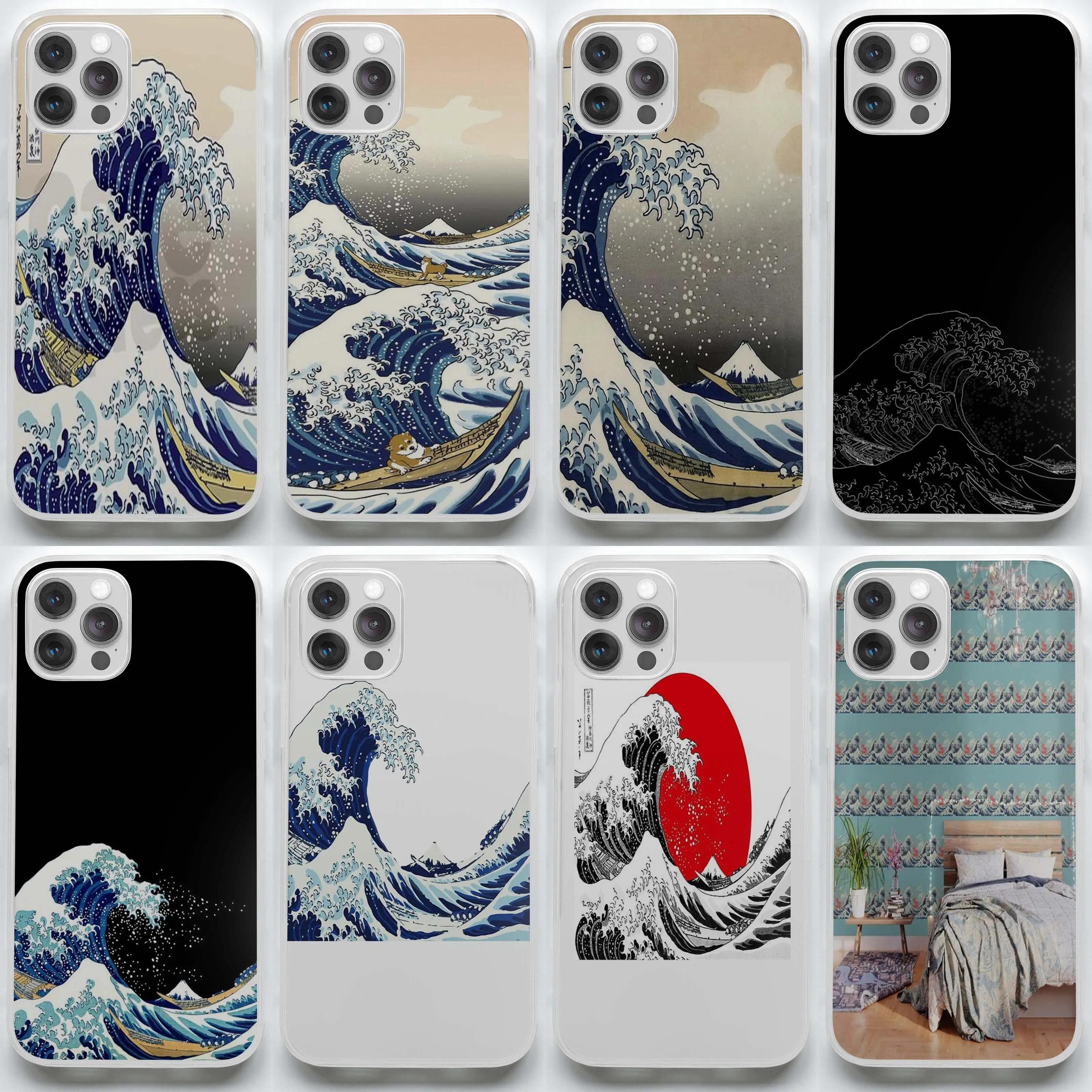 Funda de teléfono Tenugui para iPhone X XS XR Max 7 8 Plus 11 12 13 Pro Max Mini, La Gran Ola de Kanagawa Hokusai gran Cortina de ducha